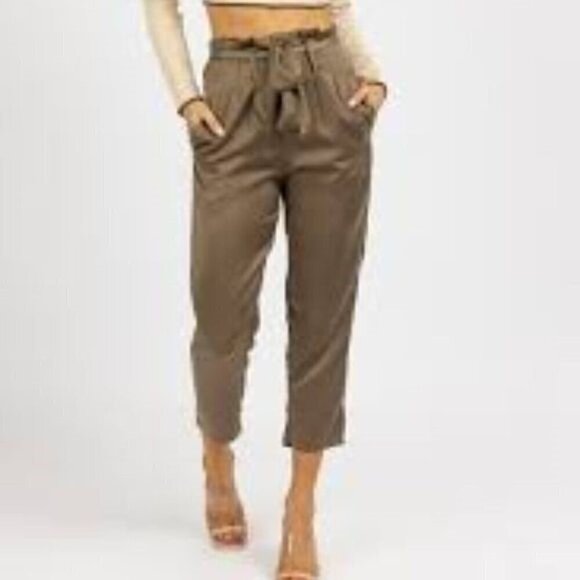 Cartonnier Tan Trousers Pleated Front High-Rise Tie Waist Tapered Leg Crop Pants - Picture 2 of 15